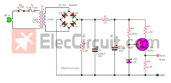9V positive voltage regulator circuit transistor