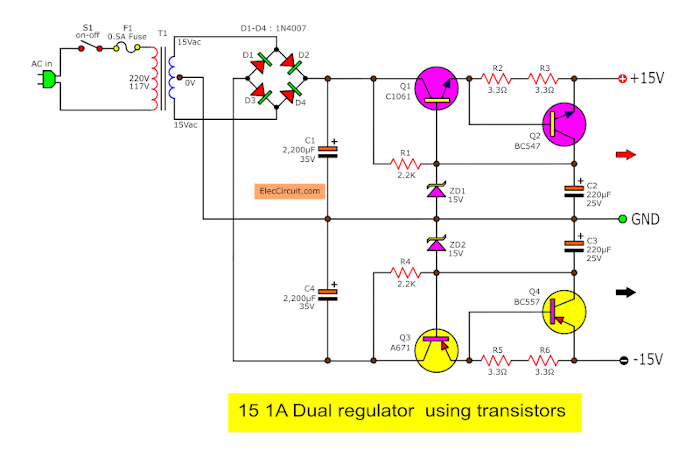 15V 1A Dual voltage regulator circuit using transistors