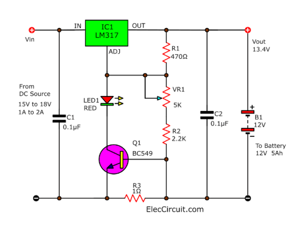 Automatic battery charger using LM317 circuit diagram