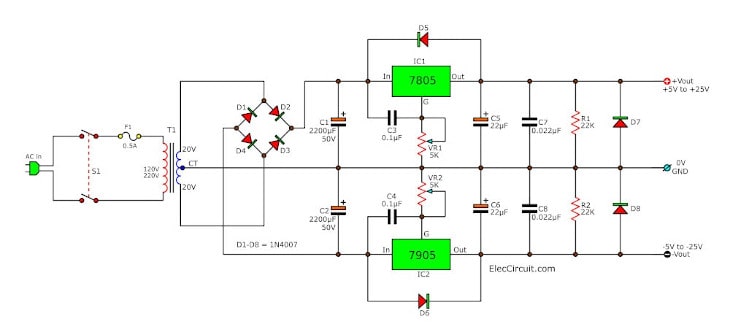 Dual variable regulator using 7805 and 7905