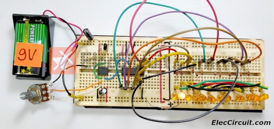 Simple 12 LED light sequencer circuit on breadboard