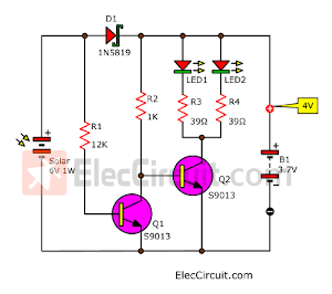 simple solar LED light circuit using 3.7V li-ion battery