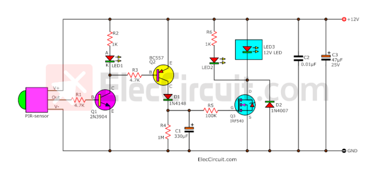 Simple Automatic Motion Sensor Light Circuit Circuit Diagram