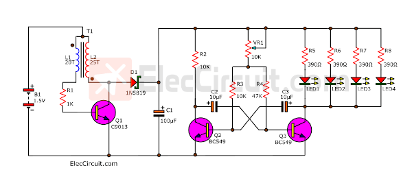 1.5V 4 LED flasher circuit