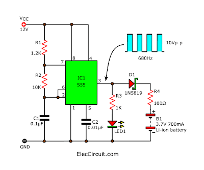 basic Li-ion battery charger circuit using NE555 pulse generator