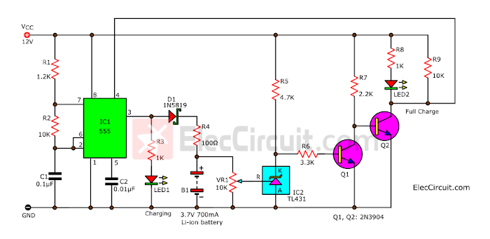 simple Li-ion battery charger circuit using NE555 TL431