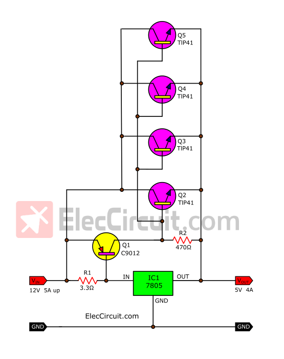 4A-5V regulator circuit using parallel transistor