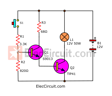 50 watts lamp transistor driver circuit using 9013 and TIP41