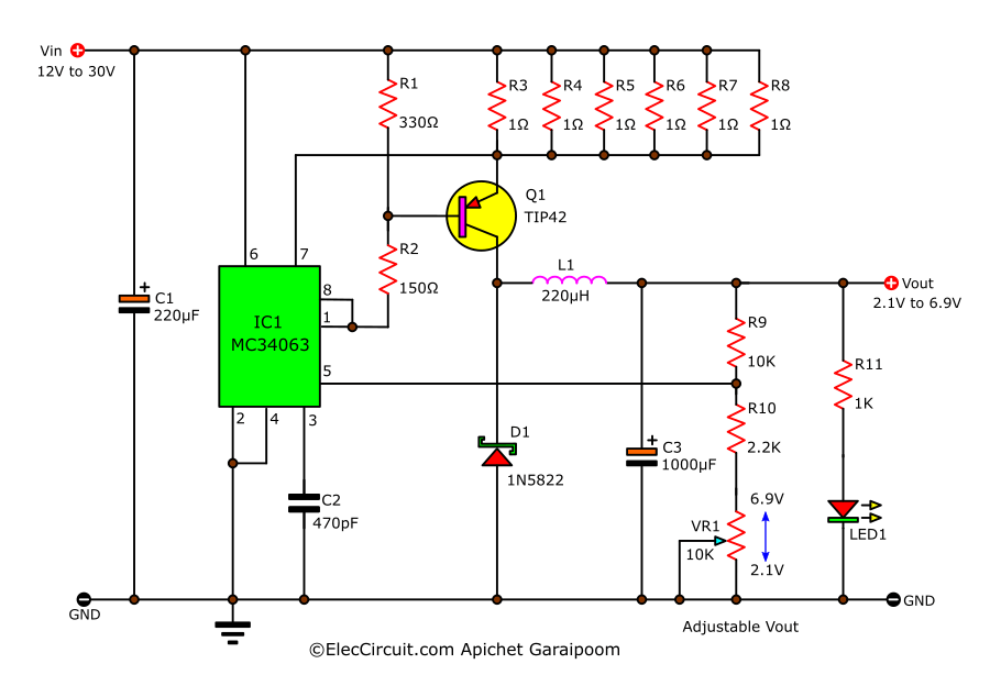 5V 2A Buck converter circuit using KA34063 ant TIP42