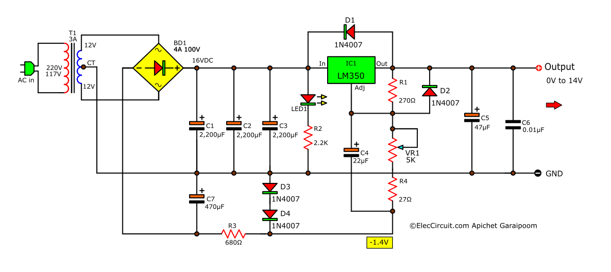 0-12V 3A variable power supply circuit using LM350