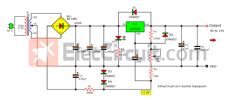 0-12V 3A variable power supply circuit using LM350