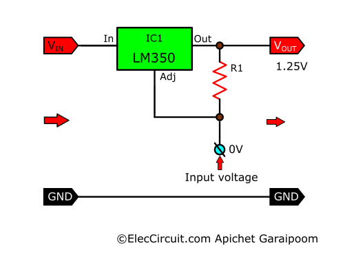 0V to Adj of LM350 output is 1.25V