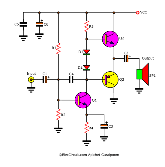 Basic OTL amplifier circuit using three transistors