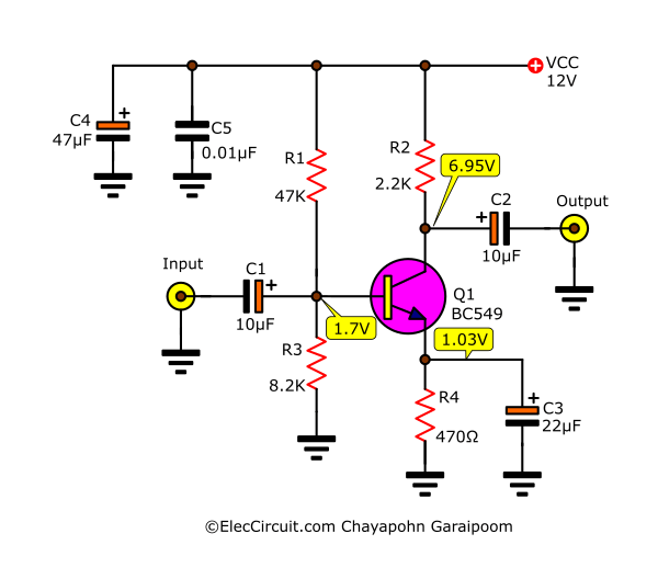 Voltage Divider base bias small signal amplifier circuit using transistor