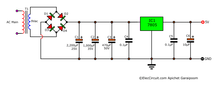 5V regulator using parallel capacitors filter