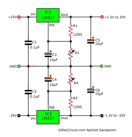 LM337 LM317 Adjustable Lab Voltage Regulator Circuit