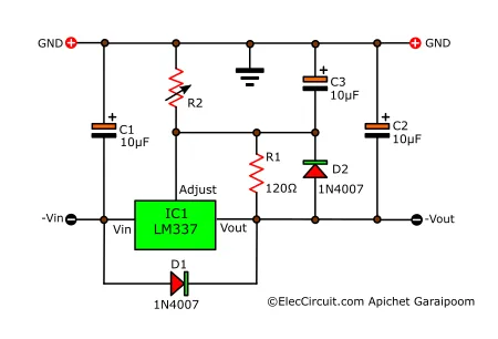 LM337 negative voltage regulator with protection diodes