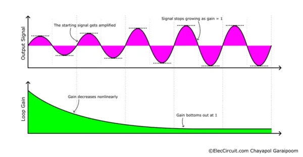 Graphs showing the relation between loop gain and output signal, and how the gain decreases