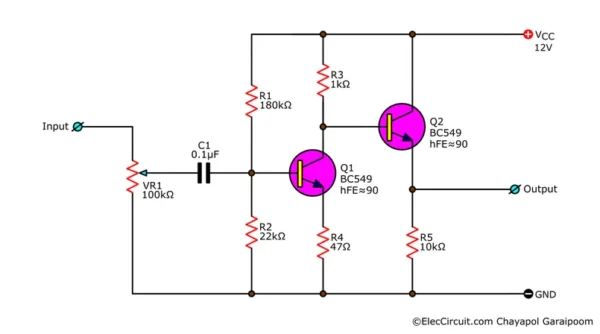 common-emitter amplifier circuit with common-collector using two BC549s