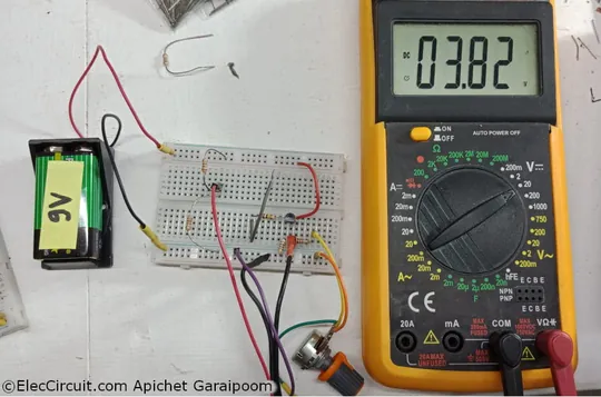 analog voltmeter reading of voltage divider showing 3.82V instead of 4.24V