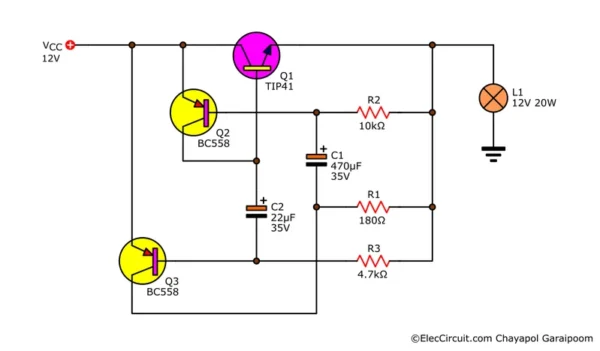 12V three transistor relaxation oscillator flasher blinker circuit
