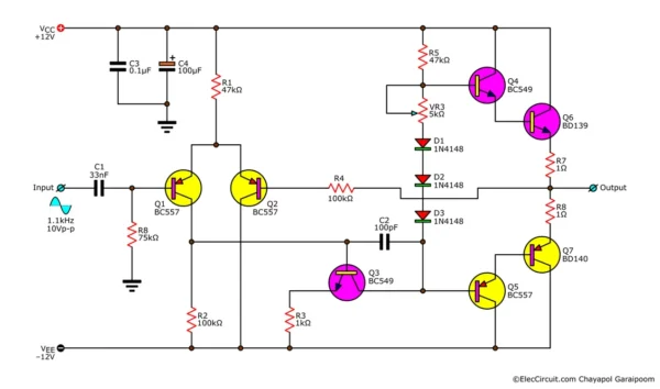 Improved bias Darlington push-pull follower circuit with a pre-driver stage and differential amplifier stage