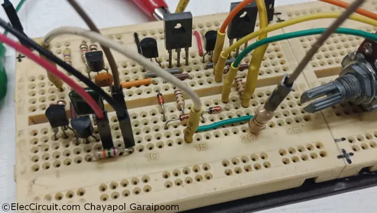 Improved bias Darlington push-pull follower circuit with a pre-driver stage and differential amplifier stage on breadboard