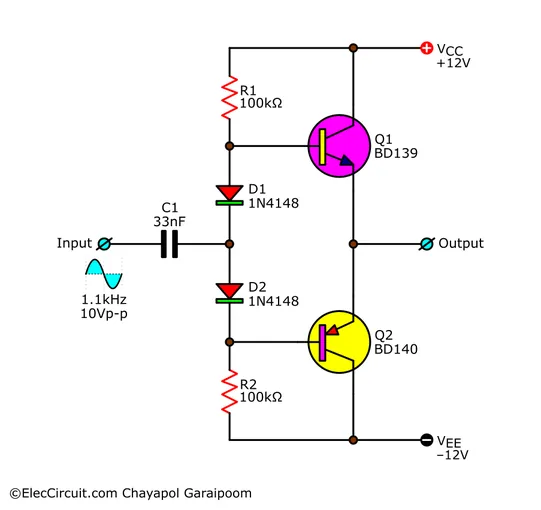 Improved bias push-pull follower circuit with diodes and resistor network