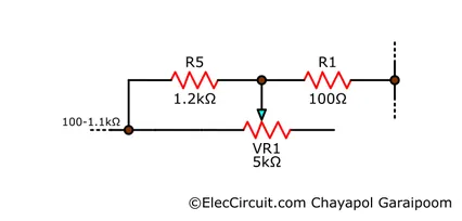 1.2kΩ R5 in parallel with 5kΩ VR1 produces an equivalent 1kΩ potentiometer.