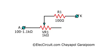 One 1kΩ potentiometer and one 100Ω constant resistor in series have 100-1.1kΩ possible resistance.