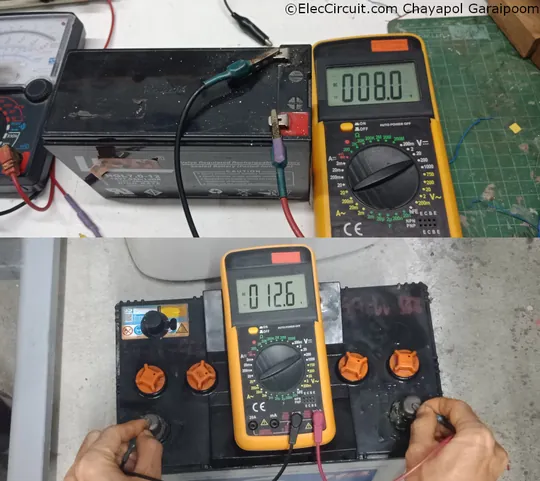 Measuring voltages of 12V lead-acid batteries with digital voltmeter showing 8V and 12.6V.