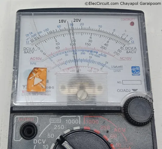 A 2V difference shown on analog voltmeter dial in the 50V measurement range.