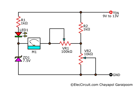 Expanded-scale voltmeter circuit with 9-13V measurement range for lead-acid battery.
