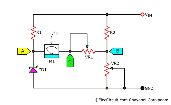 Important points within the expanded-scale voltmeter circuit.