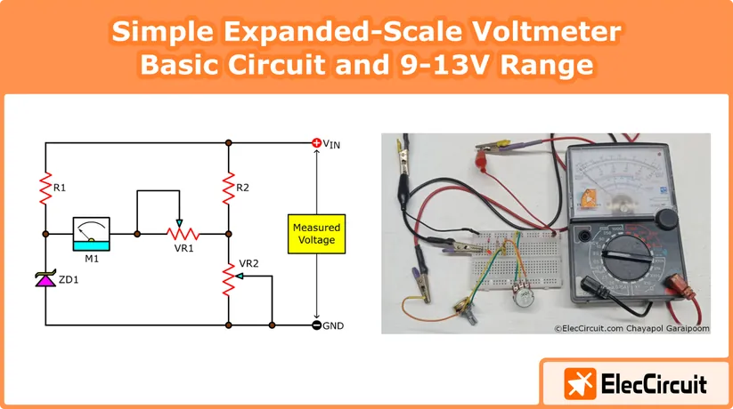 Simple Expanded-Scale Voltmeter Basic Circuit and 9-13V Range